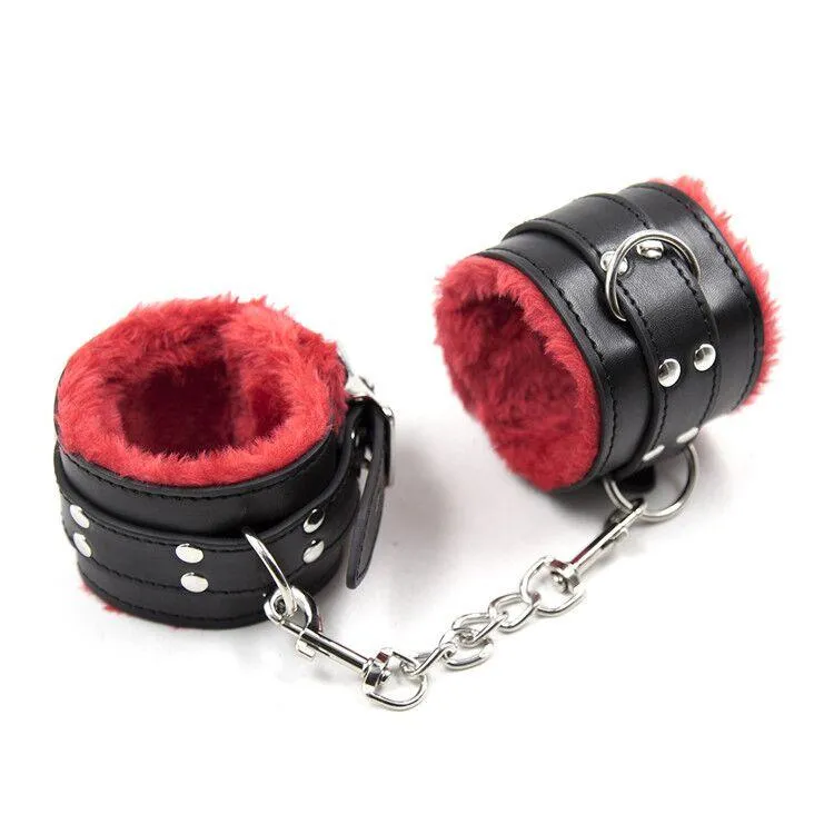 1537M      Plush Cuffs Locking Fur Lined Red & Black Ankle Bondage Cuffs