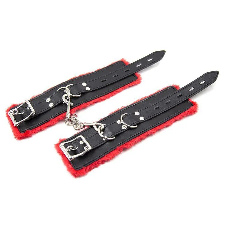 1537M      Plush Cuffs Locking Fur Lined Red & Black Ankle Bondage Cuffs