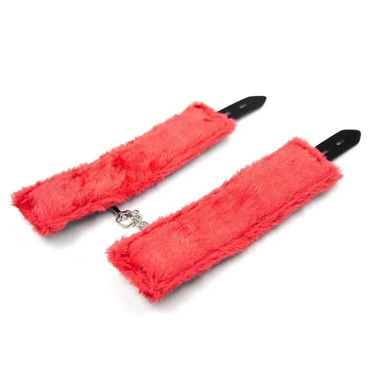 1537M      Plush Cuffs Locking Fur Lined Red & Black Ankle Bondage Cuffs