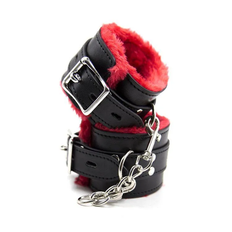 1537M      Plush Cuffs Locking Fur Lined Red & Black Ankle Bondage Cuffs