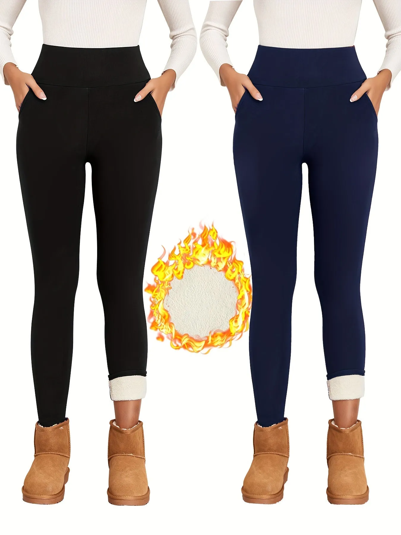 2pcs Solid Color Fleece Yoga Pants, High Stretch Running Warm Tight Pants, Women's Activewear