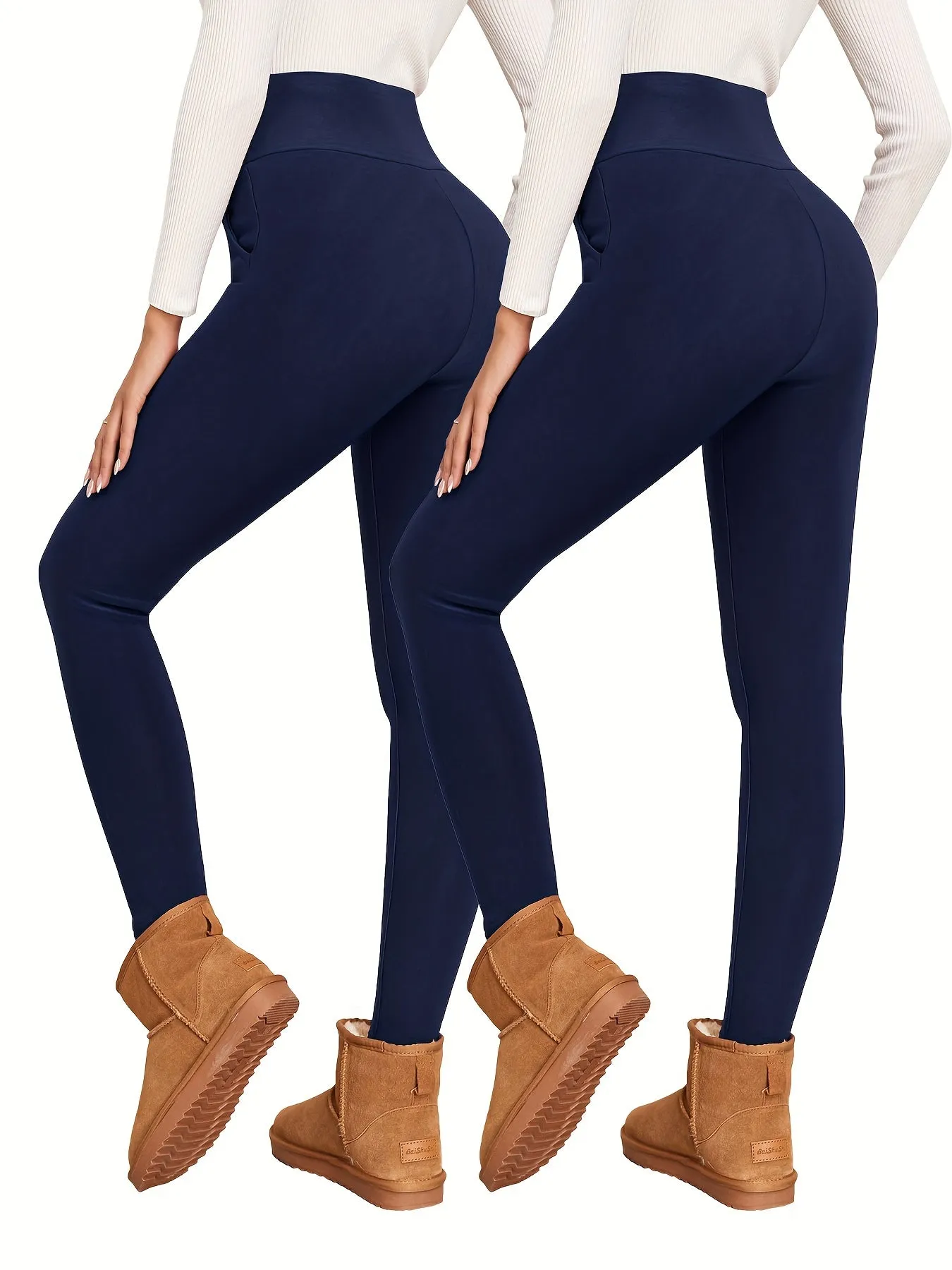 2pcs Solid Color Fleece Yoga Pants, High Stretch Running Warm Tight Pants, Women's Activewear