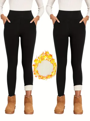 2pcs Solid Color Fleece Yoga Pants, High Stretch Running Warm Tight Pants, Women's Activewear
