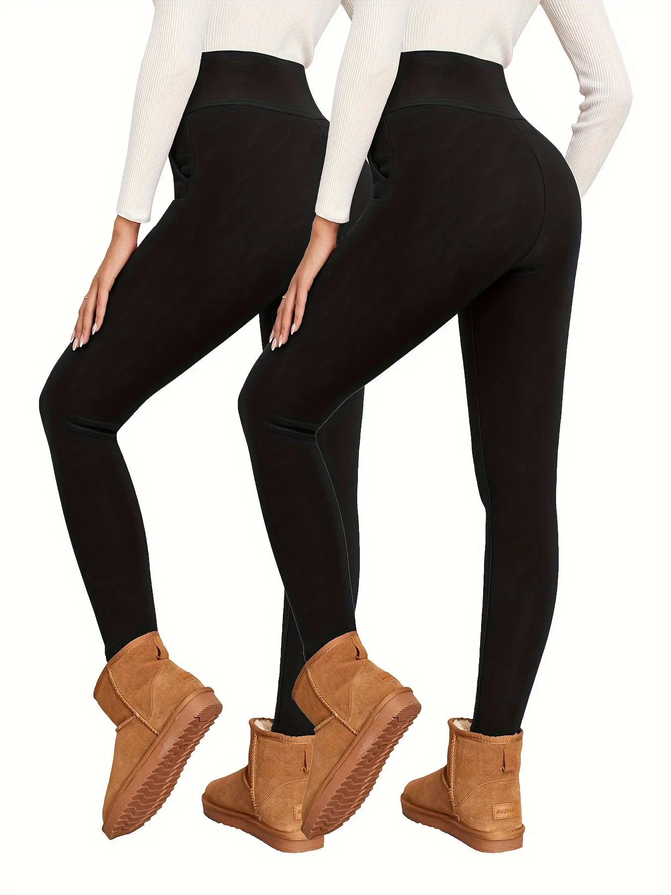 2pcs Solid Color Fleece Yoga Pants, High Stretch Running Warm Tight Pants, Women's Activewear