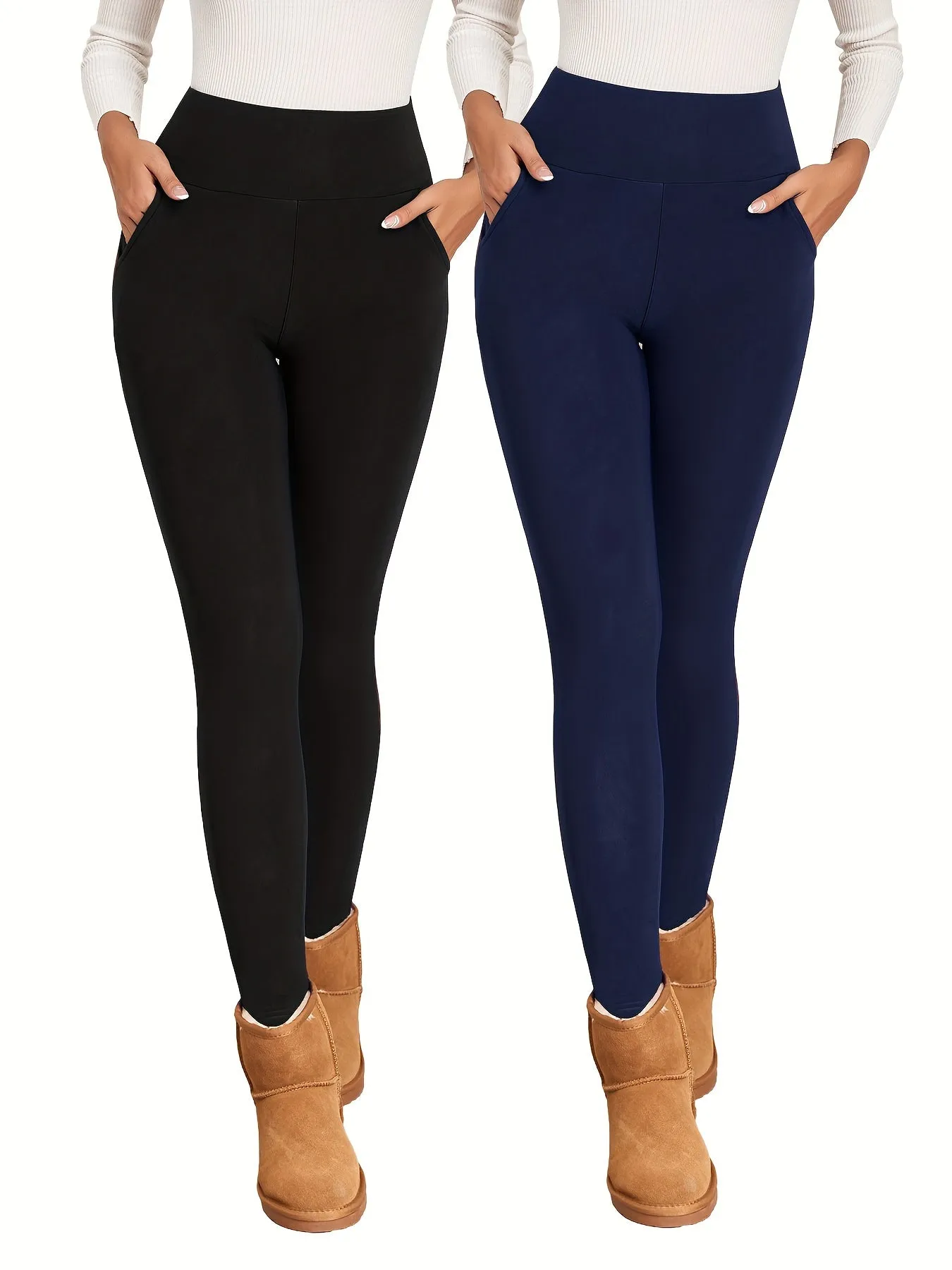 2pcs Solid Color Fleece Yoga Pants, High Stretch Running Warm Tight Pants, Women's Activewear