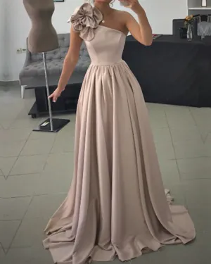 A-line One Shoulder Chiffon Sweep Train Long Prom Dresses NJ6574