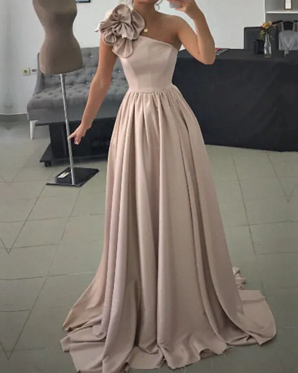 A-line One Shoulder Chiffon Sweep Train Long Prom Dresses NJ6574