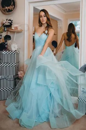 Anneprom Light Blue Backless Prom Gown Spaghetti-straps Tulle Tiered Dance Dress APP0368