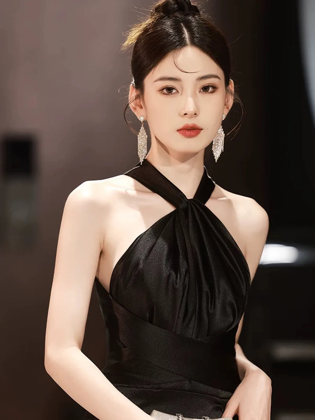 Black Satin Halter Cross Back Long Party Dress, Black Satin Evening Dress Prom Dress