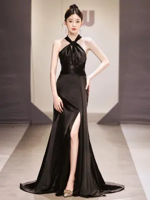 Black Satin Halter Cross Back Long Party Dress, Black Satin Evening Dress Prom Dress