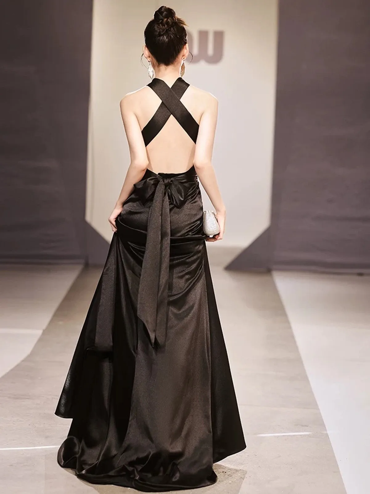 Black Satin Halter Cross Back Long Party Dress, Black Satin Evening Dress Prom Dress