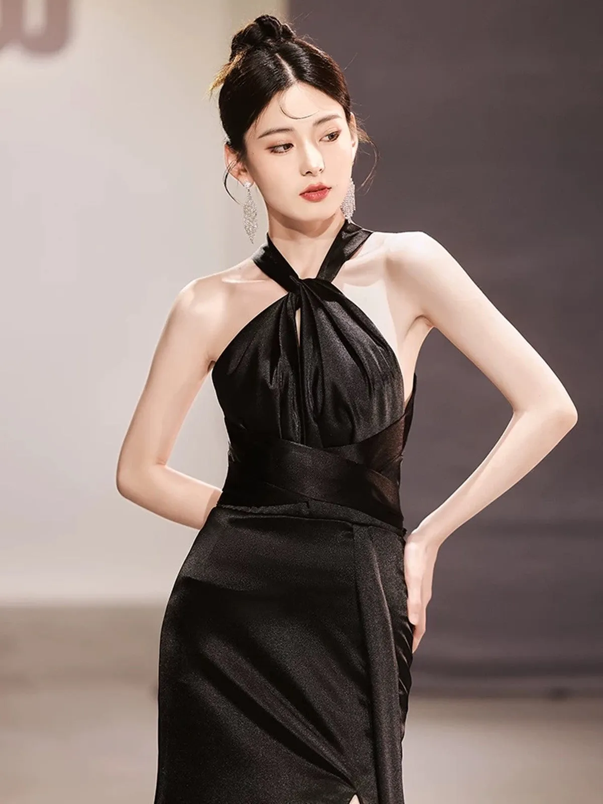 Black Satin Halter Cross Back Long Party Dress, Black Satin Evening Dress Prom Dress