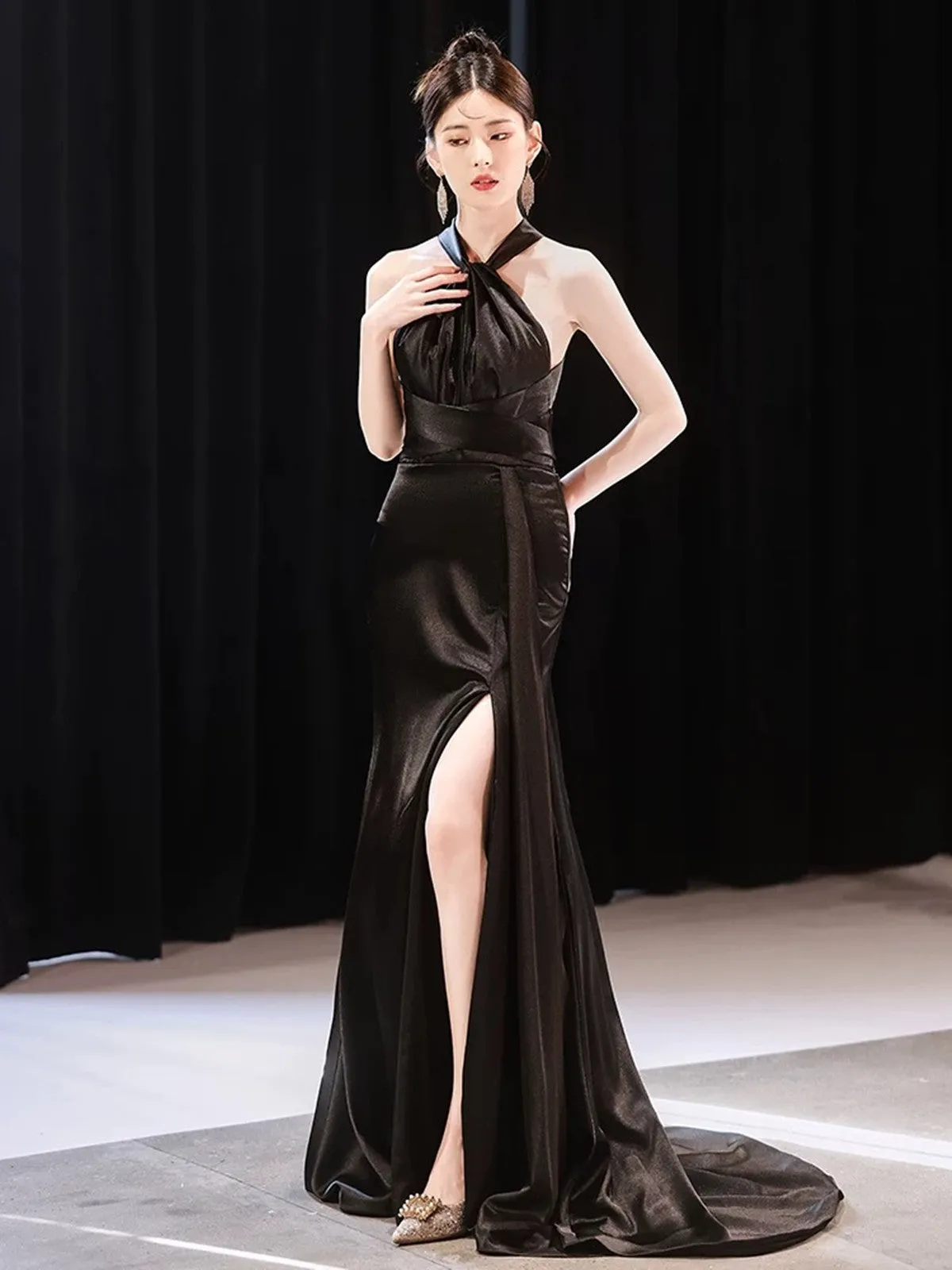 Black Satin Halter Cross Back Long Party Dress, Black Satin Evening Dress Prom Dress