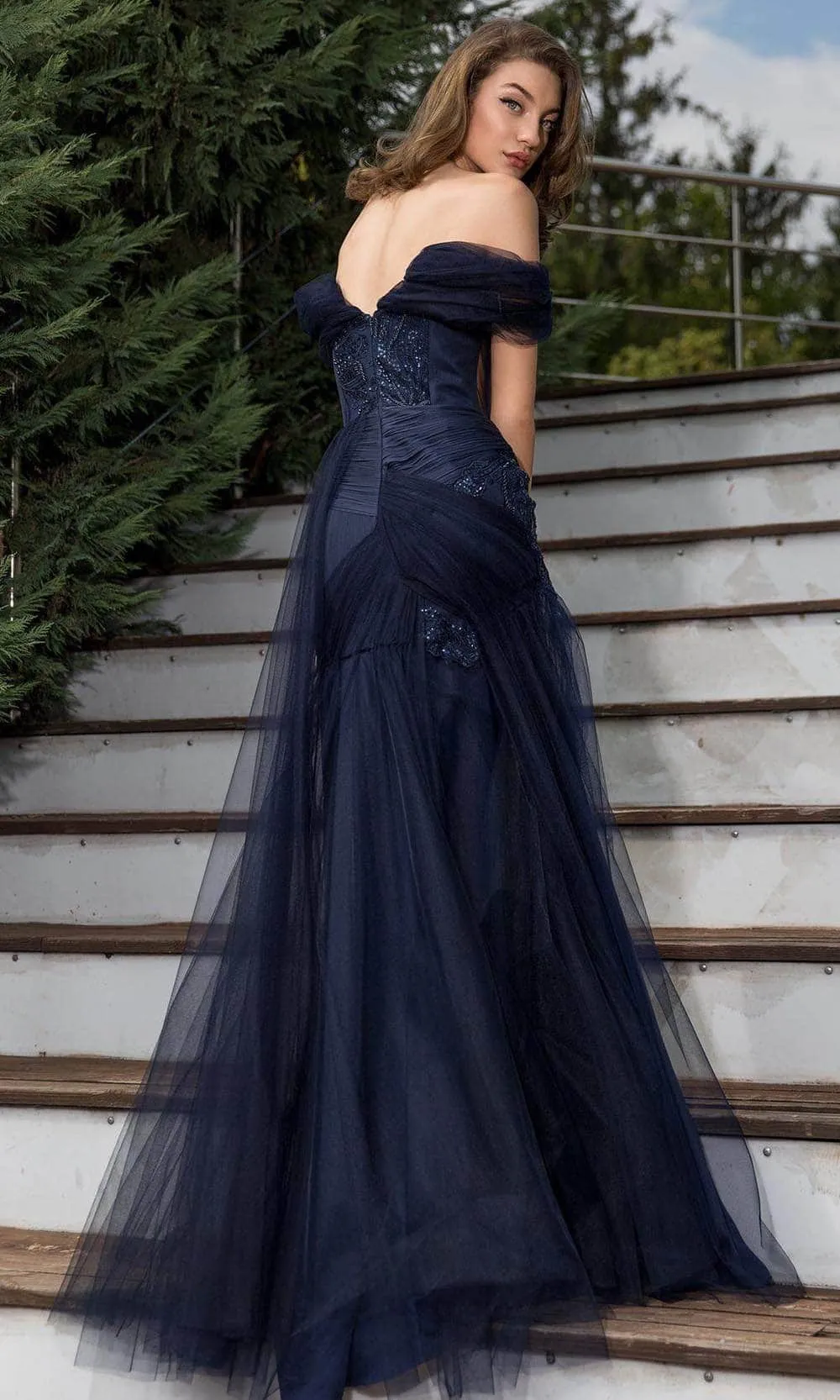 Blue Off Shoulder Sweetheart Neck Long Gown OB2796