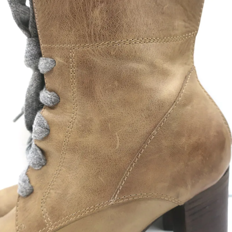 Brunello Cucinelli Lace-Up High Heel Boots Taupe Leather Size 40