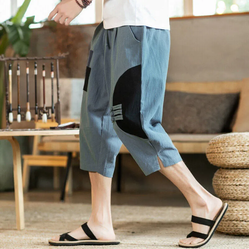 Buddha Stones Casual Color Block Design 7-8 Length Men's Cotton Linen Drawstring Pants With Pockets