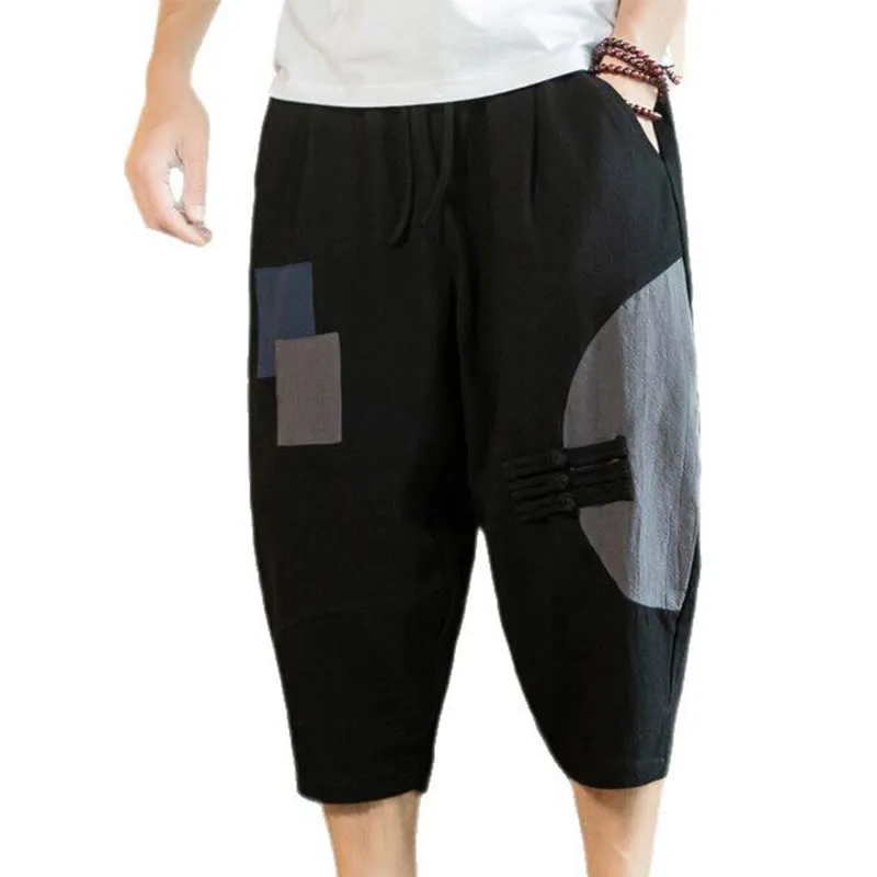 Buddha Stones Casual Color Block Design 7-8 Length Men's Cotton Linen Drawstring Pants With Pockets