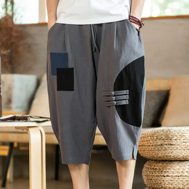 Buddha Stones Casual Color Block Design 7-8 Length Men's Cotton Linen Drawstring Pants With Pockets