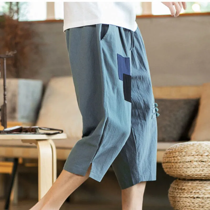 Buddha Stones Casual Color Block Design 7-8 Length Men's Cotton Linen Drawstring Pants With Pockets