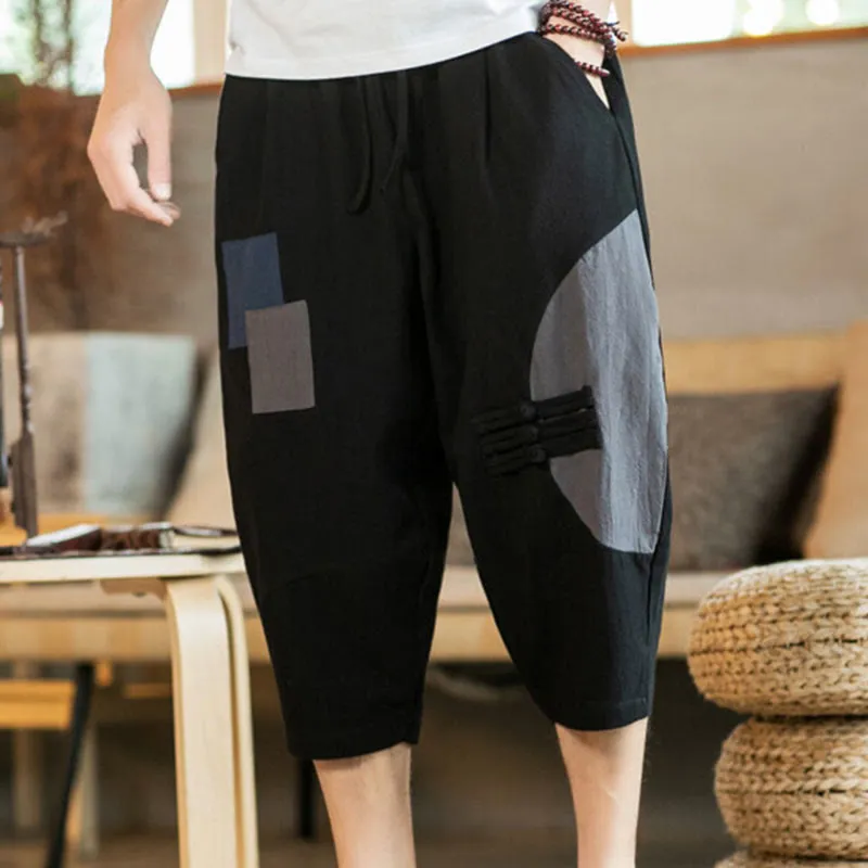 Buddha Stones Casual Color Block Design 7-8 Length Men's Cotton Linen Drawstring Pants With Pockets