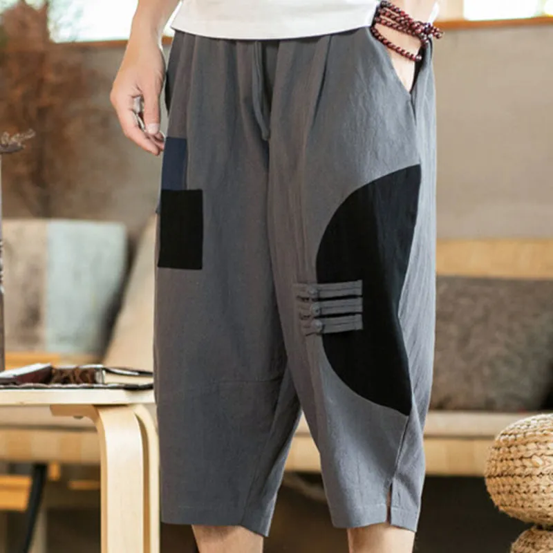 Buddha Stones Casual Color Block Design 7-8 Length Men's Cotton Linen Drawstring Pants With Pockets