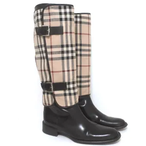 Burberry Riding Boots Black Leather with Nova Check Cover Size 40