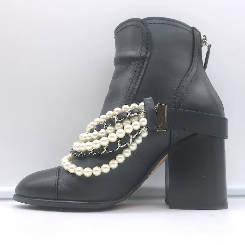 Chanel 18A Pearl & Chain-Embellished Ankle Boots Black Leather Size 35.5