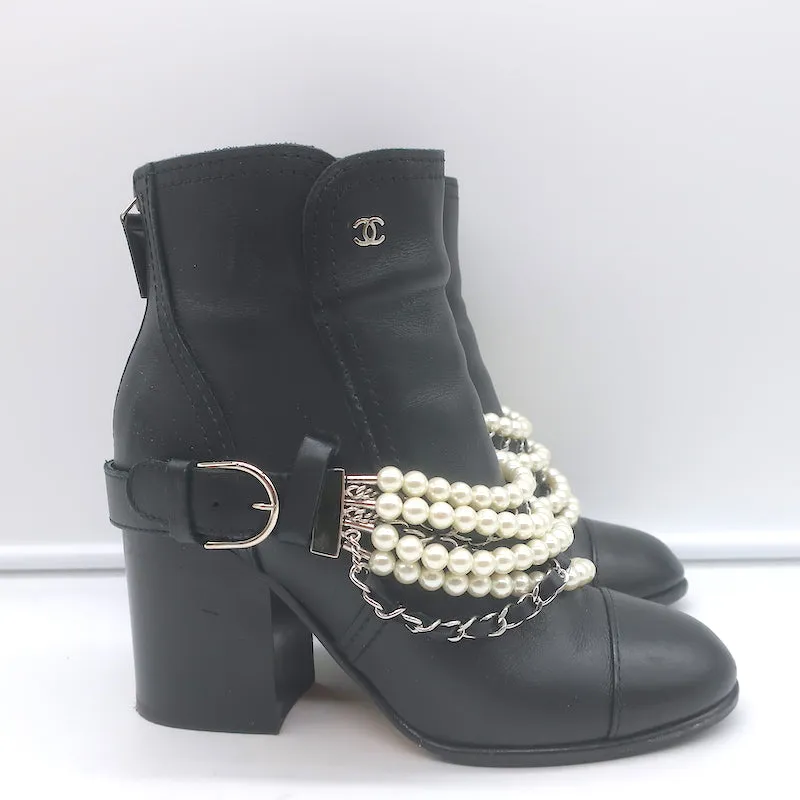 Chanel 18A Pearl & Chain-Embellished Ankle Boots Black Leather Size 35.5