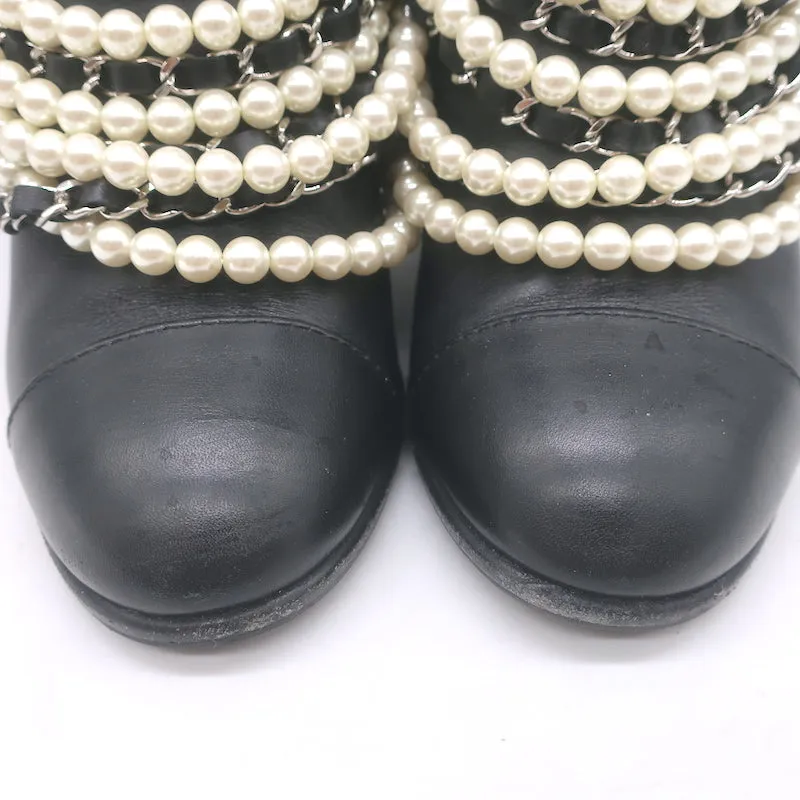 Chanel 18A Pearl & Chain-Embellished Ankle Boots Black Leather Size 35.5