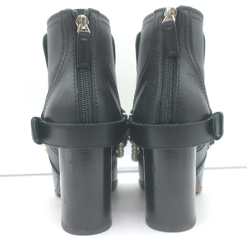 Chanel 18A Pearl & Chain-Embellished Ankle Boots Black Leather Size 35.5