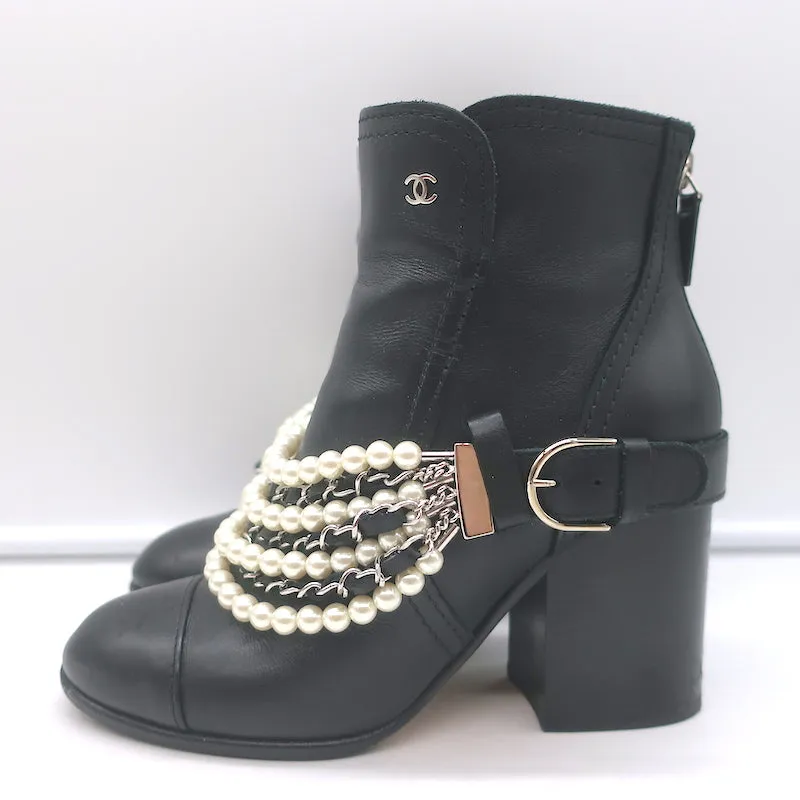 Chanel 18A Pearl & Chain-Embellished Ankle Boots Black Leather Size 35.5