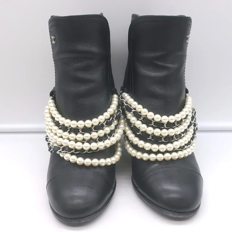 Chanel 18A Pearl & Chain-Embellished Ankle Boots Black Leather Size 35.5