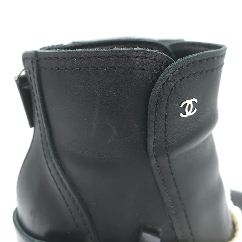 Chanel 18A Pearl & Chain-Embellished Ankle Boots Black Leather Size 35.5