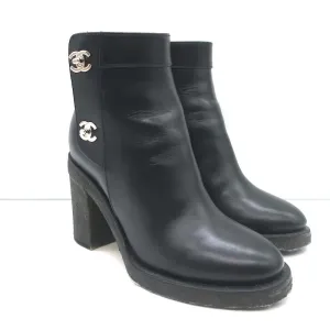 Chanel 18K CC Turn Lock Ankle Boots Black Leather Size 35.5