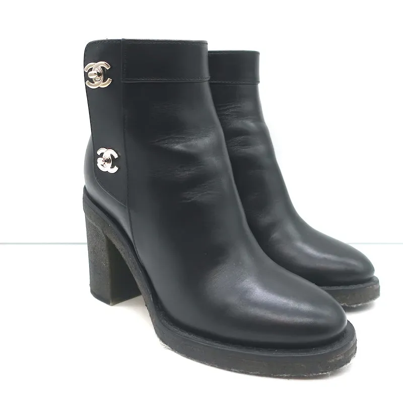 Chanel 18K CC Turn Lock Ankle Boots Black Leather Size 35.5