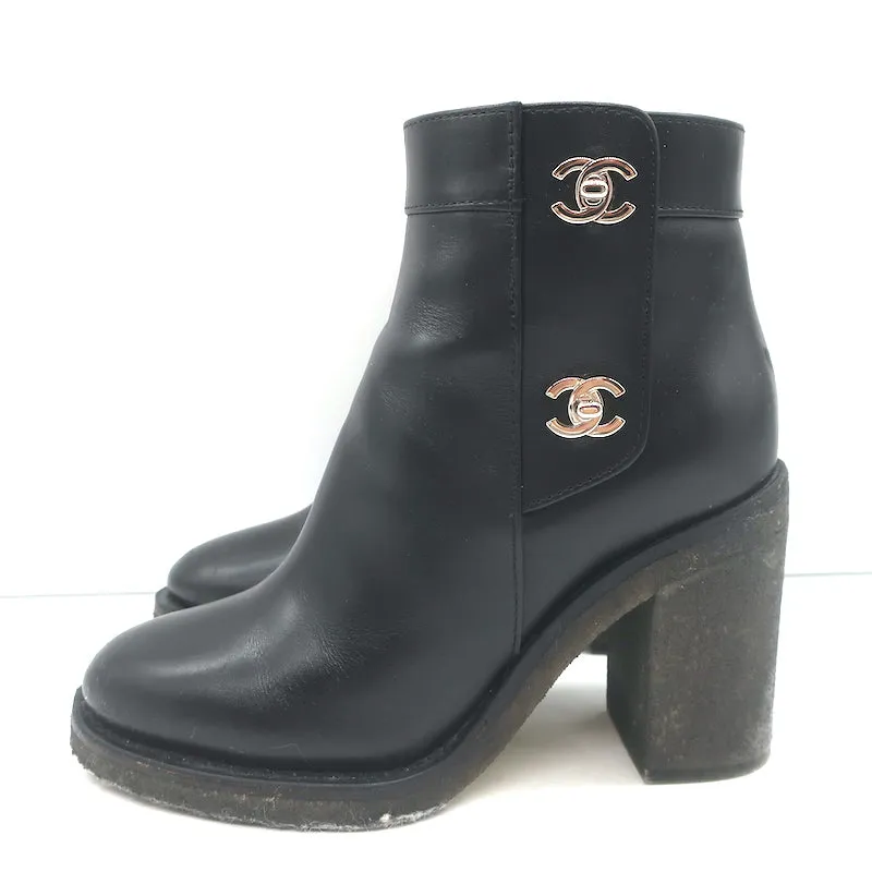 Chanel 18K CC Turn Lock Ankle Boots Black Leather Size 35.5