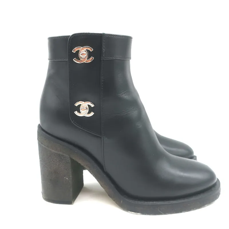 Chanel 18K CC Turn Lock Ankle Boots Black Leather Size 35.5