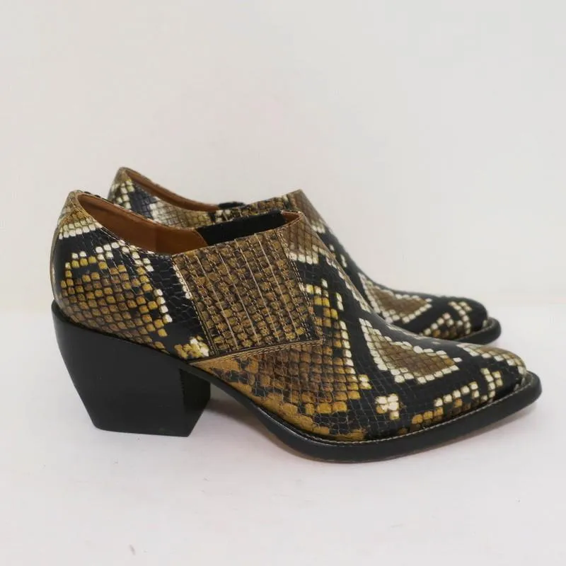 Chloe Ankle Boots Rylee Mustard Snake-Print Leather Size 38 Pointed Toe Booties