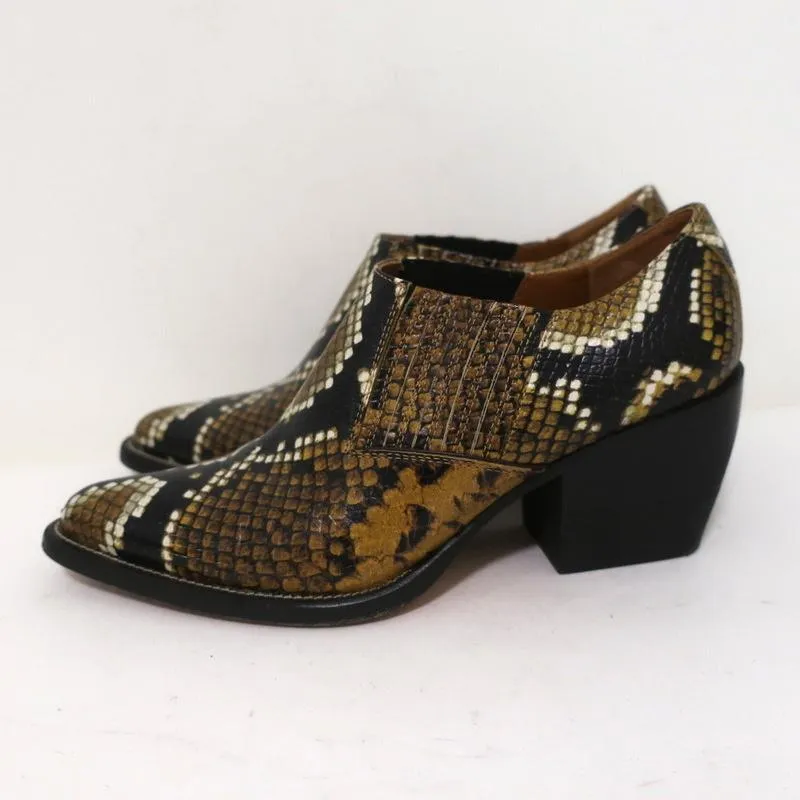 Chloe Ankle Boots Rylee Mustard Snake-Print Leather Size 38 Pointed Toe Booties
