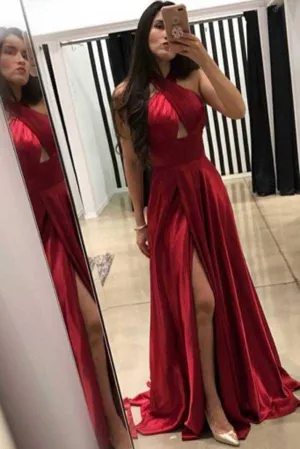 Dark Red Cross Neck Floor-Length A-Line Long Prom Dresses with Split Keyhole, MP184