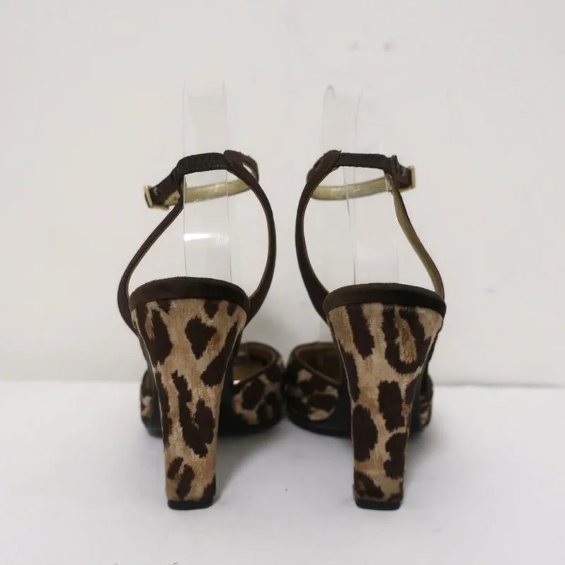 Dolce & Gabbana Ankle Strap Pumps Leopard Print Velvet Size 38 Pointed Toe Heel