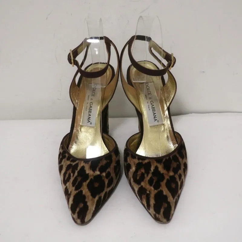 Dolce & Gabbana Ankle Strap Pumps Leopard Print Velvet Size 38 Pointed Toe Heel
