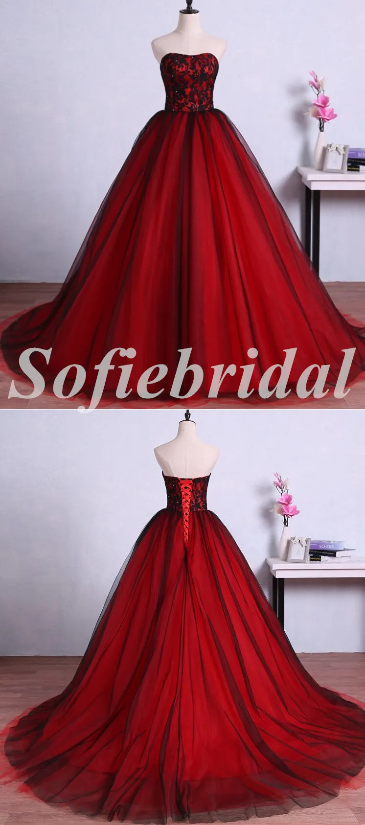 Elagant Tulle And Lace Sweetheart Sleeveless Lace Up Back A-Line Long Prom Dresses With Beading,SFPD0682