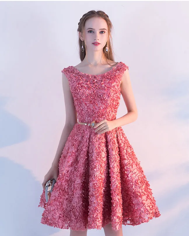 Floral Sashes Cap Sleeves Crystal Knee-Length Homecoming Dress