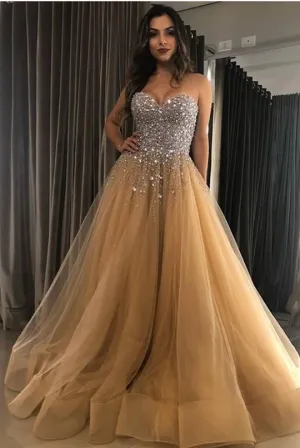 Gold Sweetheart Strapless A-line Tulle Beading Long Prom Dresses LB1054