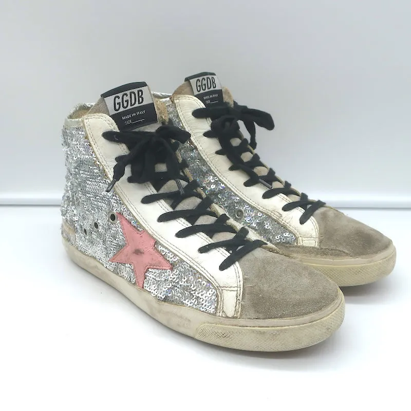 Golden Goose Francy Sequin High-Top Sneakers Silver Size 38