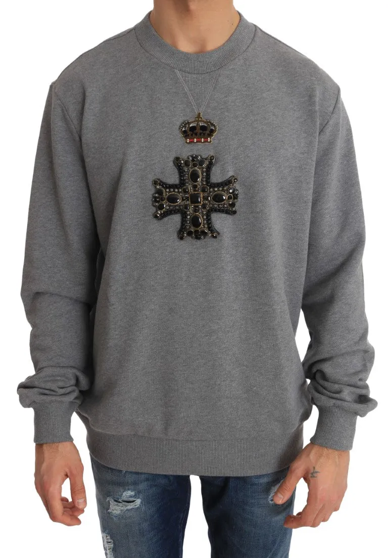 Gray Cotton Crystal Cross Crown Sweater