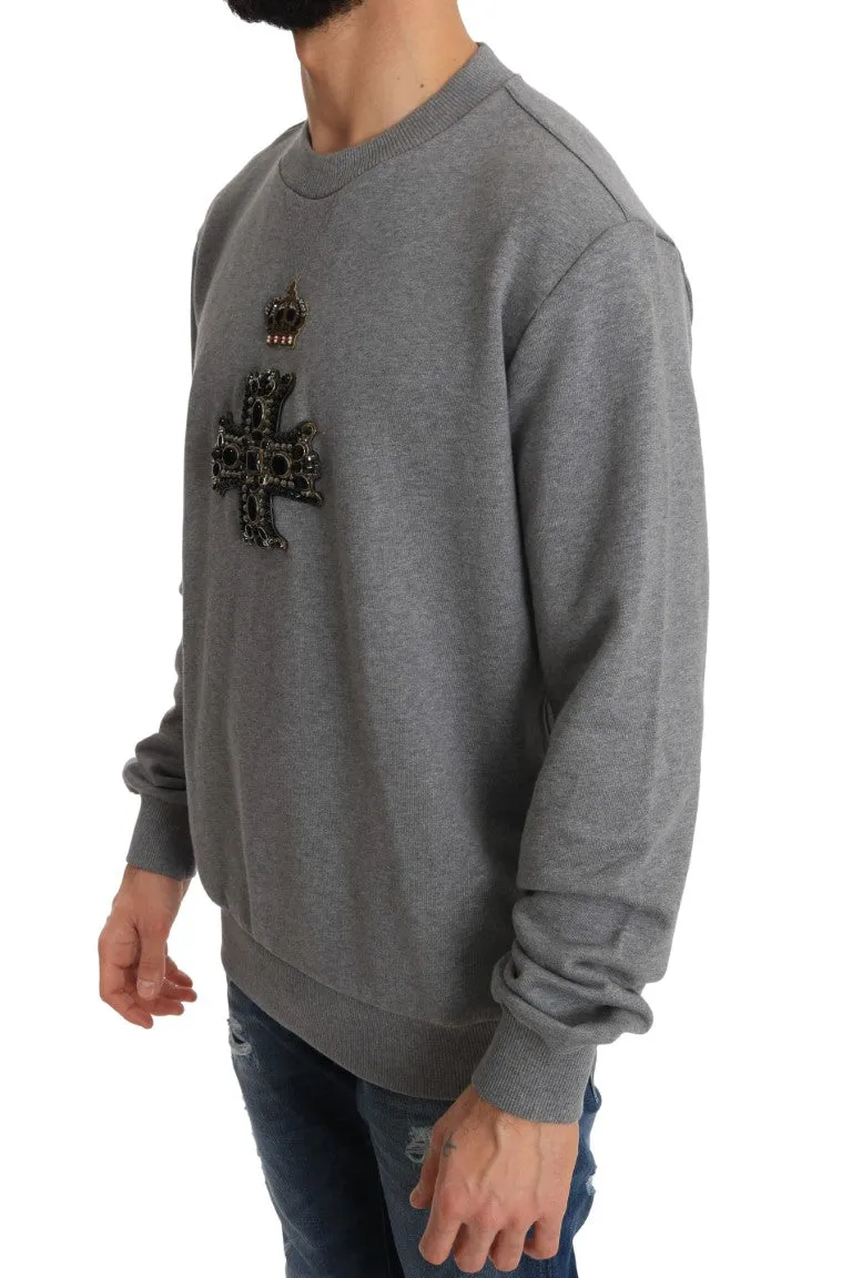 Gray Cotton Crystal Cross Crown Sweater