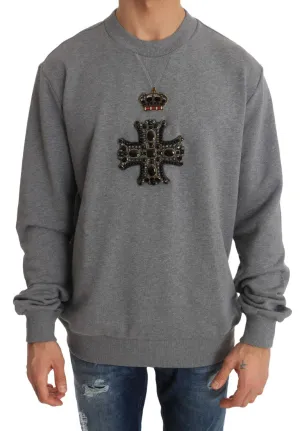 Gray Cotton Crystal Cross Crown Sweater