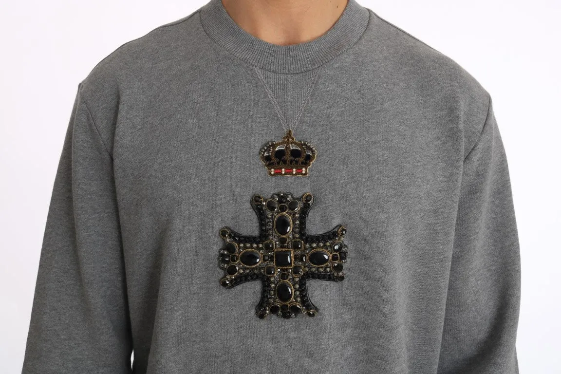 Gray Cotton Crystal Cross Crown Sweater